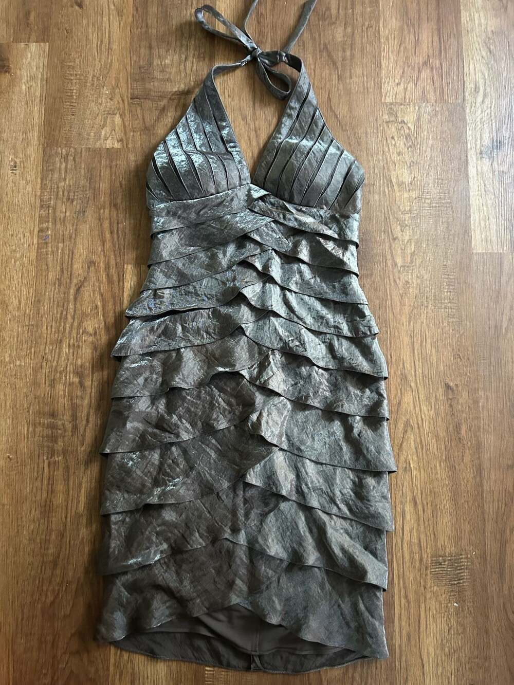 Cache Y2K Metallic Gunmetal Halter Dress